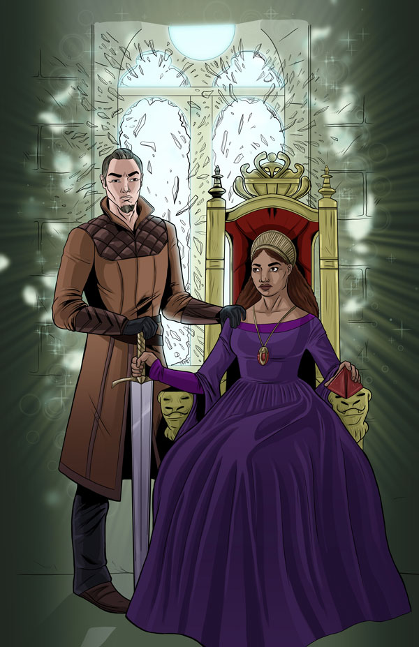 Medieval costumed couple sitting in front of a window exploding with magic. The woman sits in a throne holding a sword beside her, her husband to the left stands, both hands on the sword.
