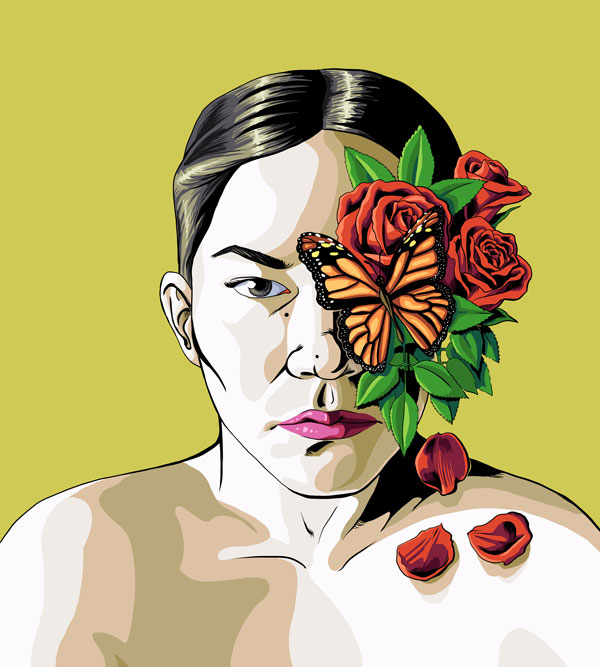 artist self portrait with a serious expression with roses growing from her left eye and a monarch butterfly perched on top