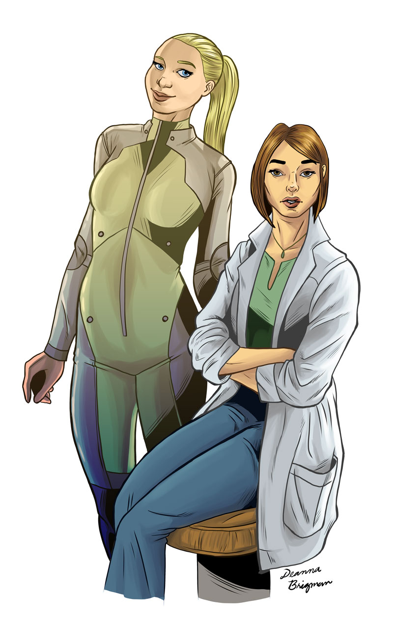 young blonde woman with sly expression standing next to a brunette seated doctor in a lab coat.
