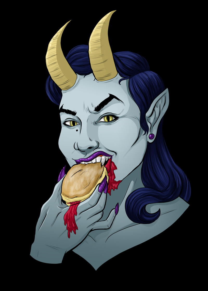 artist self portrait of themselves as a demon eating a donut bursting with red jelly