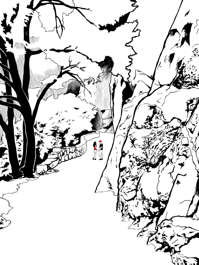 ink drawing of small couple in the center of a nature trail